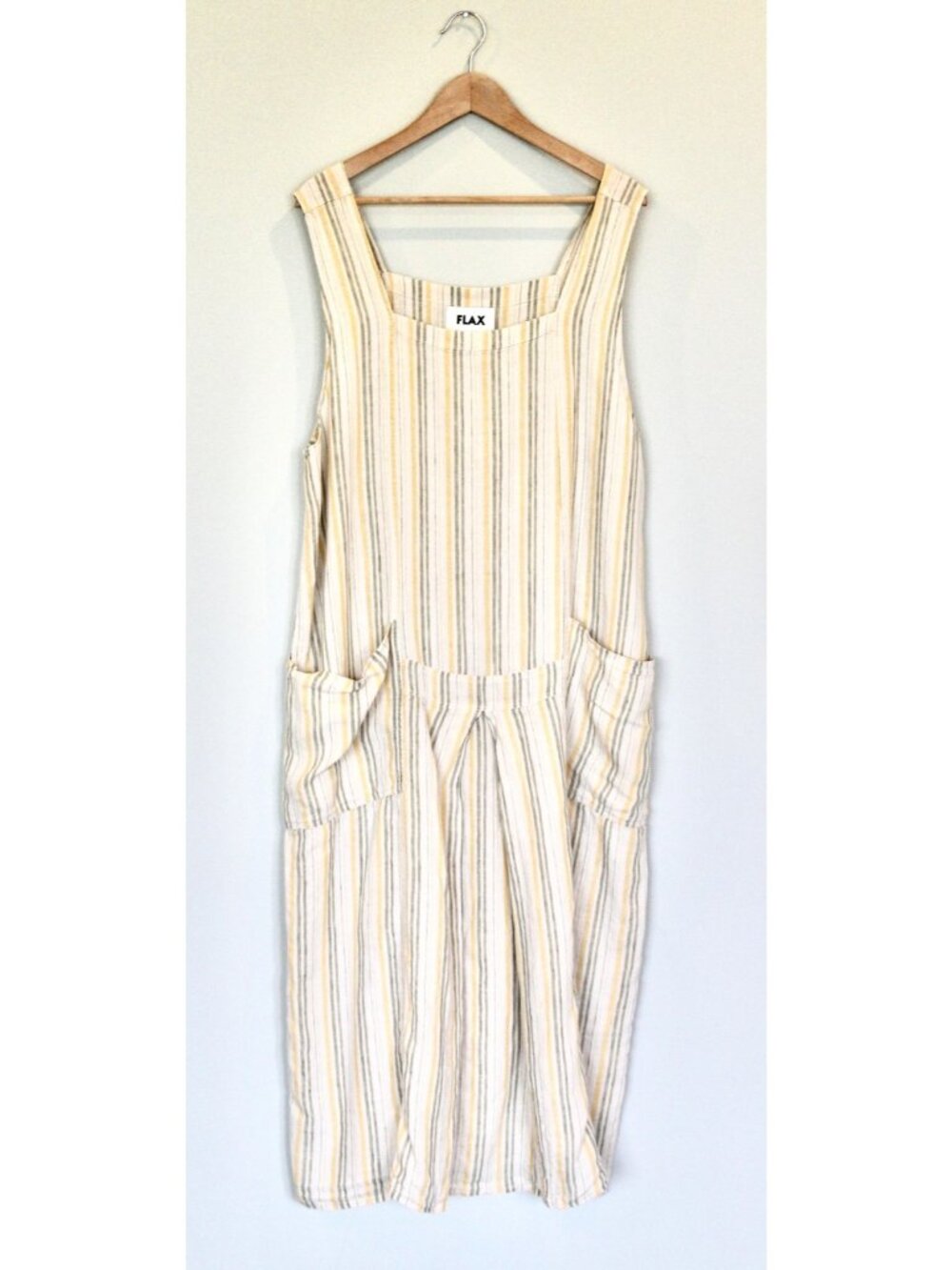 FLAX Designs 100% Linen Cream Yellow Green Striped Jumper Dress, Size L Large